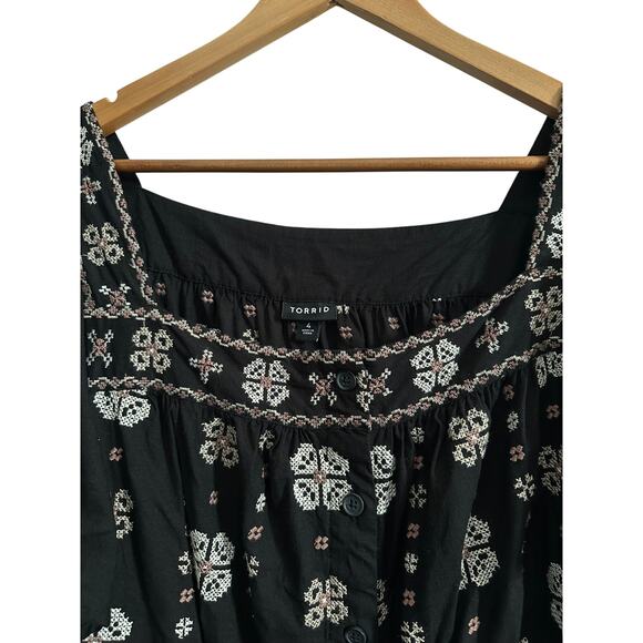 Torrid 4X Boho Black Embroidered Peasant Blouse | Rayon Linen Blend Festival - Picture 2 of 13